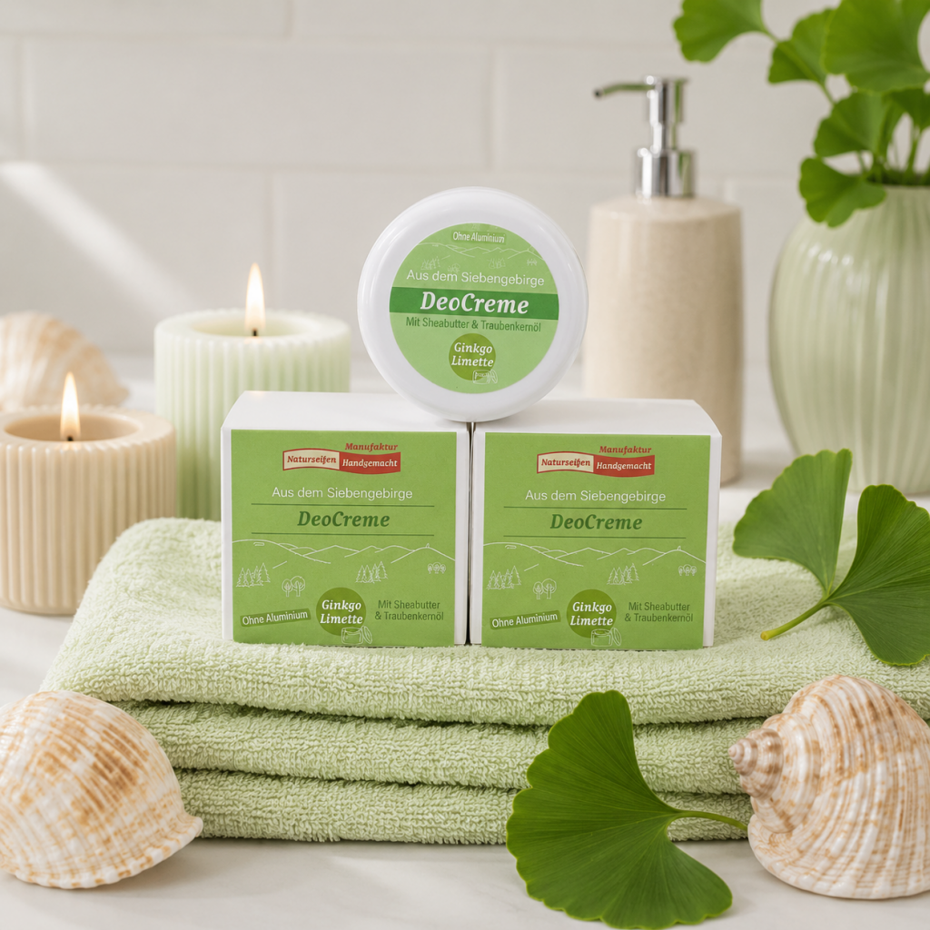 Im Focus : Runde weiße Kunststoffdose mit Schraubdeckel 50ml, mit grünem Rundetikett, gefüllt mit weißer Deocreme Ginkgo Limette im Badezimmer