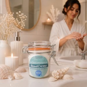 Im Focus : Rundes helles Bügelglas mit Deckel 45ml, mit türkises Rundetikett, gefüllt mit Handcreme Natur liegend auf dem Waschbecken. Hintergrund Frau die sich die Hände eincremt
