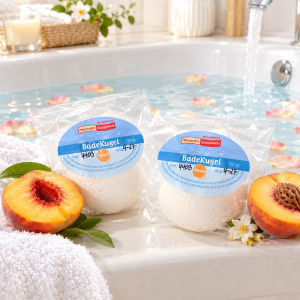 Runde Badekugel Pfirsichduft liegend auf einer Badewanne mit 2 halbe Pfirsiche zur Deko