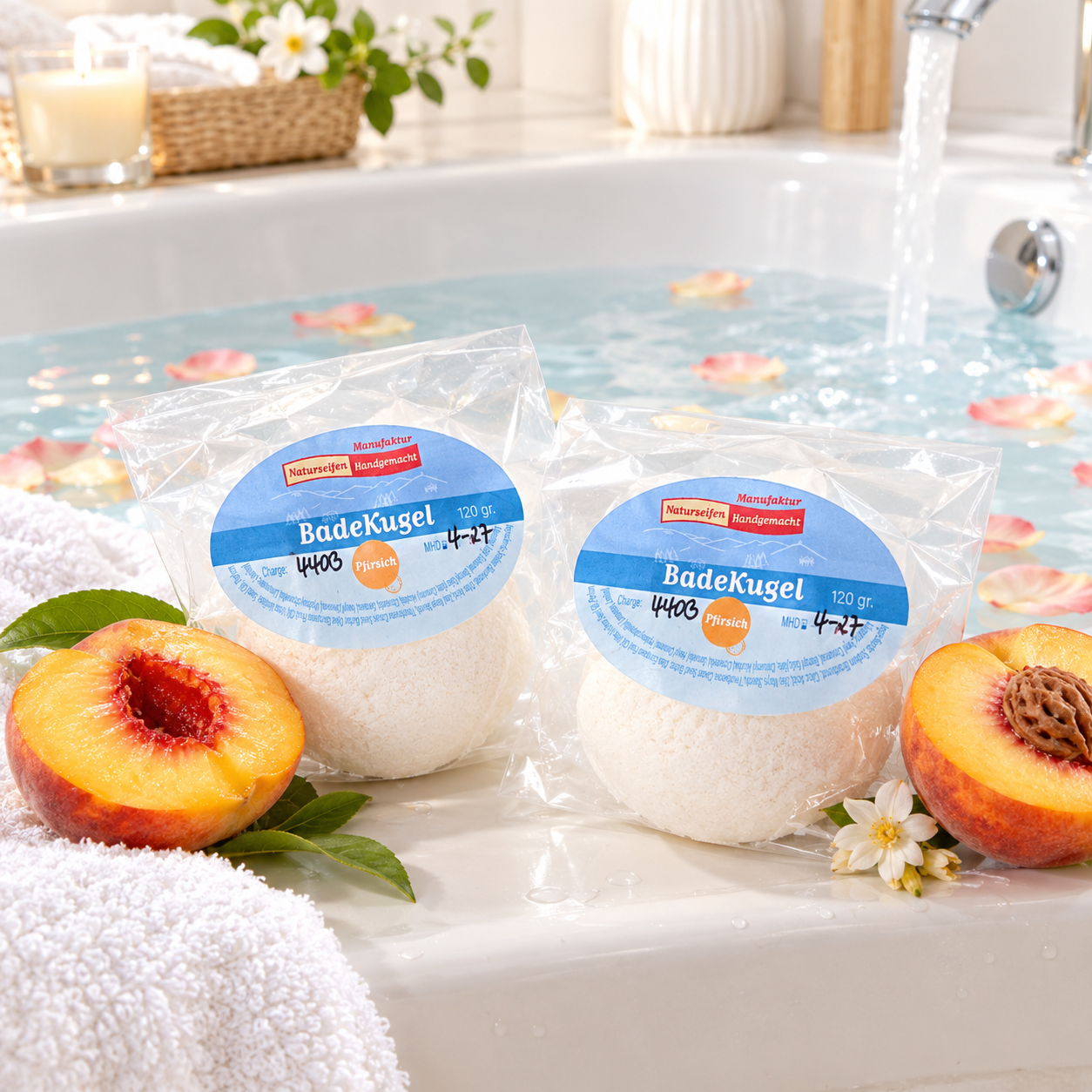 Runde Badekugel Pfirsichduft liegend auf einer Badewanne mit 2 halbe Pfirsiche zur Deko