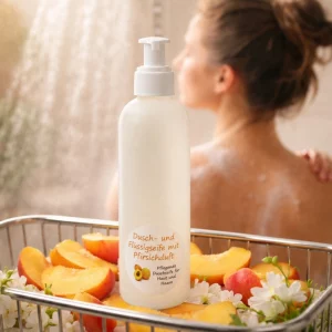 Duschseife Pfirsich (Flüssigseife) in eine weißer Rundflasche 250ml mit Dossierspender