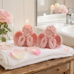 2 handgefertige Bio- Sojawachskerzen in rosa, auf einer Anrichte im Badezimmer