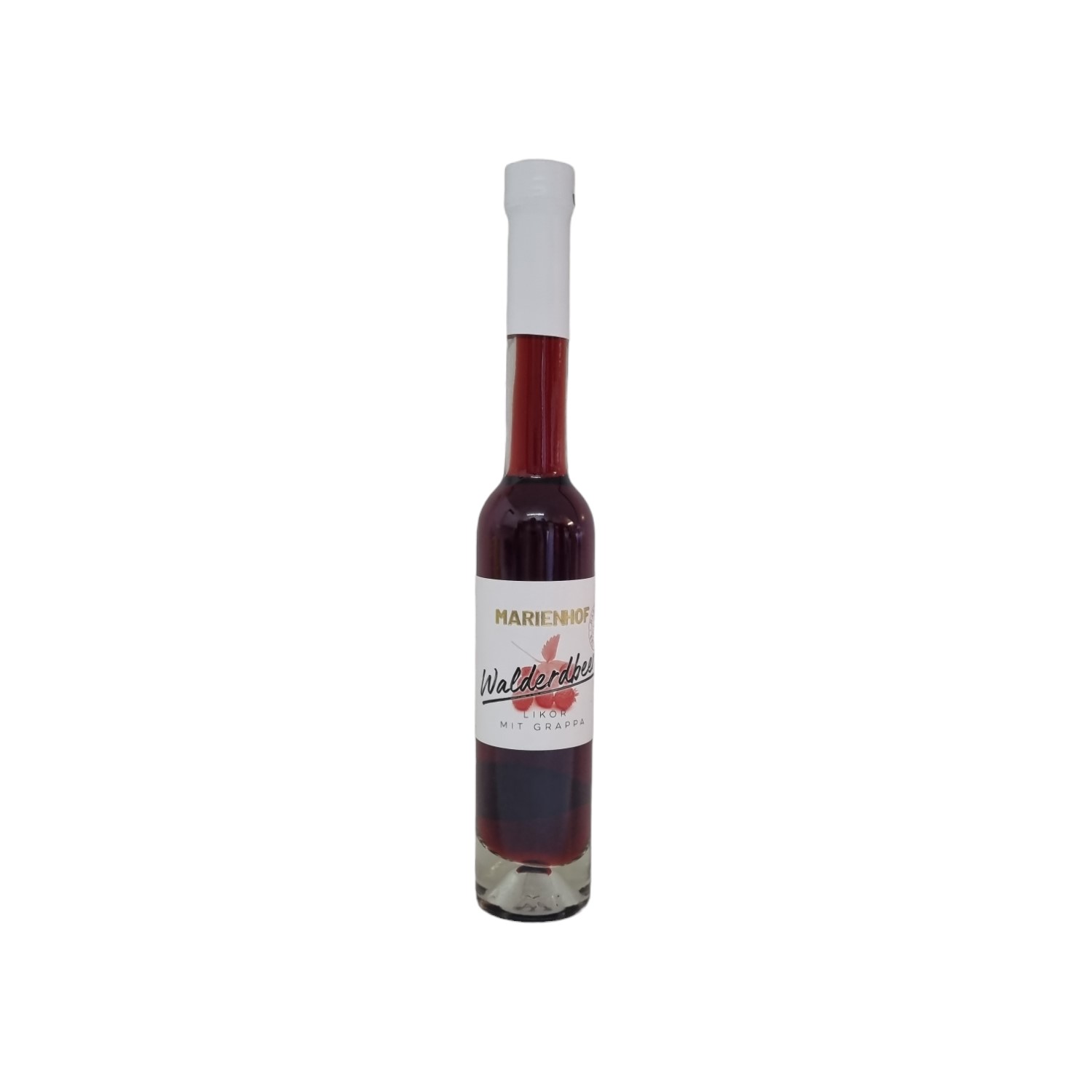Im Focus: Helle 200ml Glasflasche mit Schraubverschluss, gefüllt mit rotem Erdbeerlikör