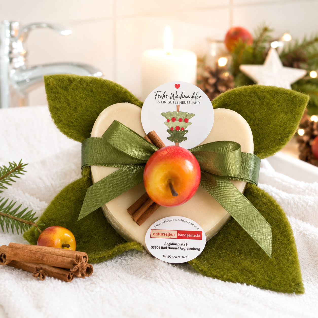 großes 200g schweres Seifeherz mit Olivenölseife Zimtäpfelchen in grünem Filz dekoriert. Im Badezimmer liegend weihnachtlich dekoriert