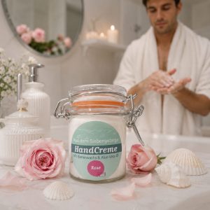 Im Focus : Rundes helles Bügelglas mit Deckel 45ml, mit türkises Rundetikett, gefüllt mit Handcreme Rose. Hintergrund Mann der sich die Hände eincremt