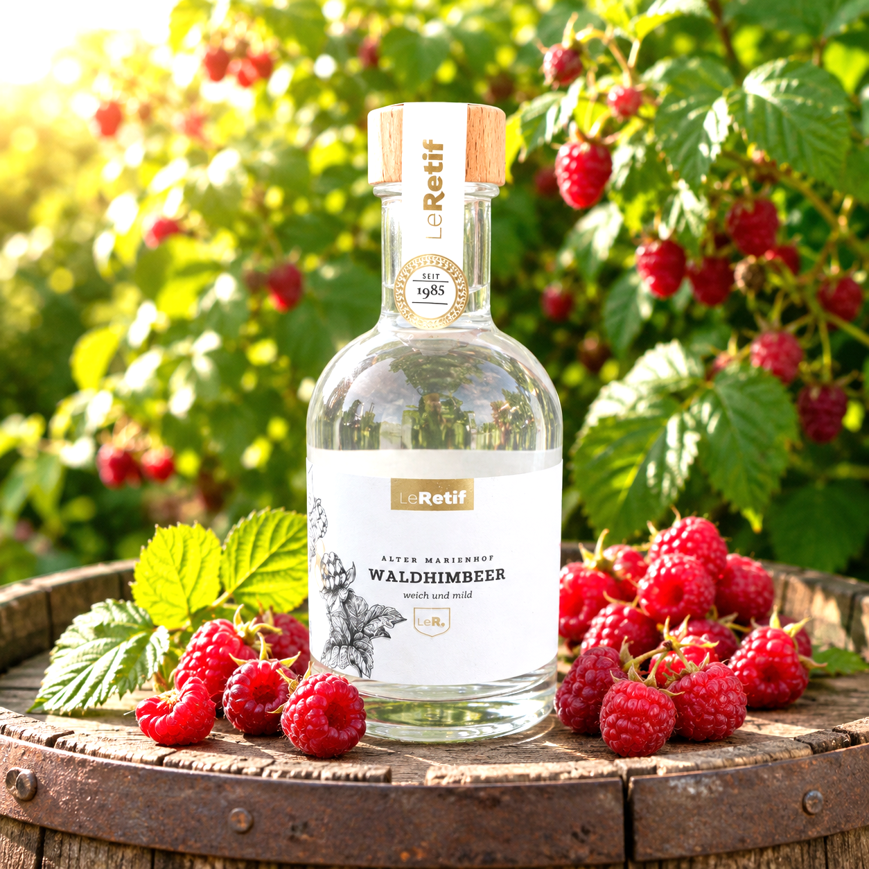 Runde helle Flasche mit Waldhimbeer Spirituose 0,2 aus der Brennerei Marienhof in Vennigen Pfalz, Hintergrund Gartenatmosphäre