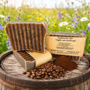 Handgemachte Kaffeeseife auf einem Holzfass mit Kaffee. Hintergrund blühende Wiese