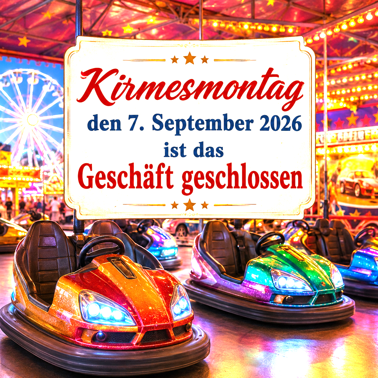 Kirmesmontag den 7. September 2026 bleibt das Geschäft geschlossen. Hintergrund Autoscooter