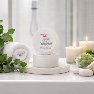 Im Vordergrund weiße Runddose Körpercreme Natur, stehend auf Waschbeckenanrichte mit Kerzen und Dekos