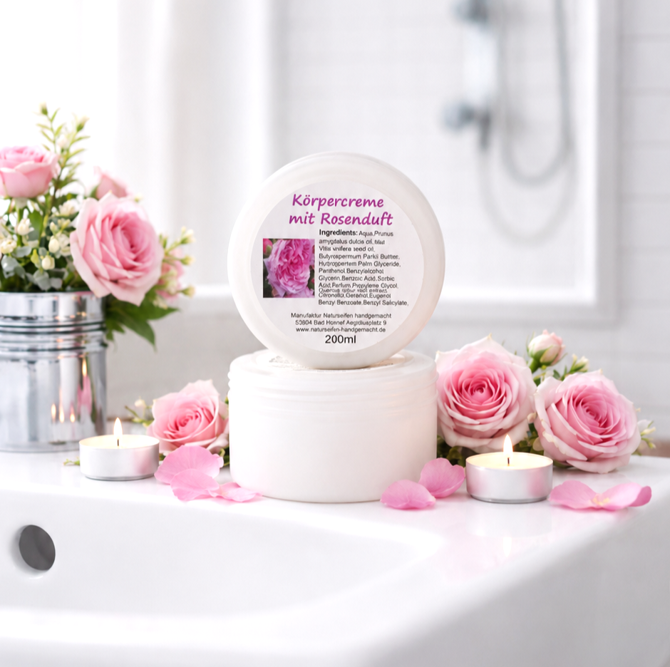 Im Vordergrund weiße Runddose Körpercreme Rosenduft, stehend auf Waschbeckenanrichte mit Dekos und Rosen
