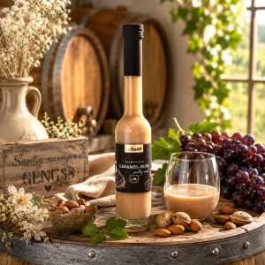 Im Focus: Helle 200ml Glasflasche mit Schraubverschluss, gefüllt mit Caramel- Nuss Likör