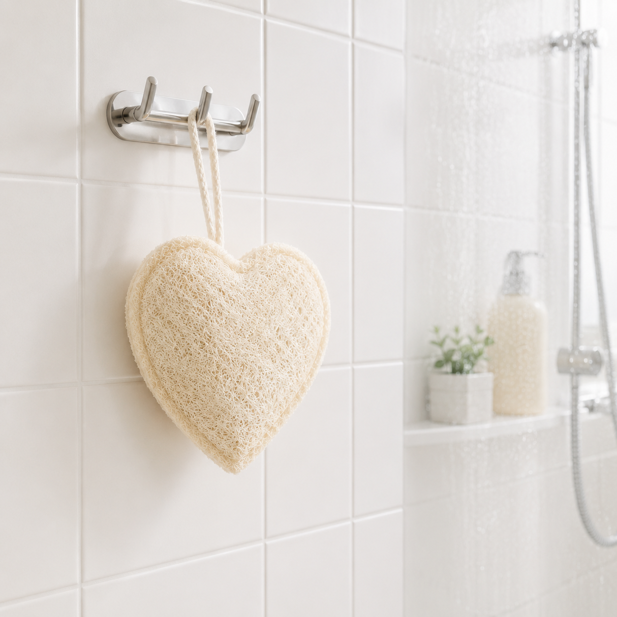 Luffa- Herz hängend im Badezimmer an der Wand