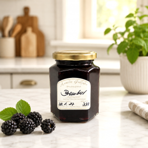 Im Focus: Helles Sechseckglas 330ml mit Schraubverschluss, gefüllt mit Brombeer Fruchtaufstrich in der Küche