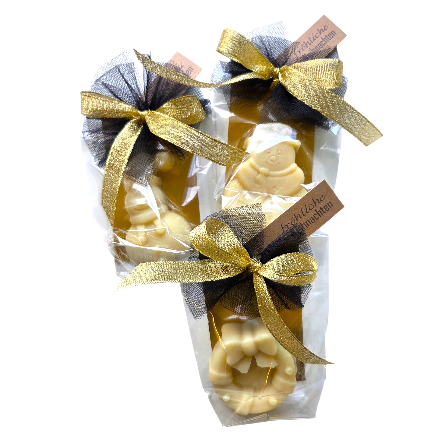 Neu!! 3 Motiveseifen weihnachtlich: Olivenölseife Zitronenmelisse mit Rügener Kreide mit Goldschleife