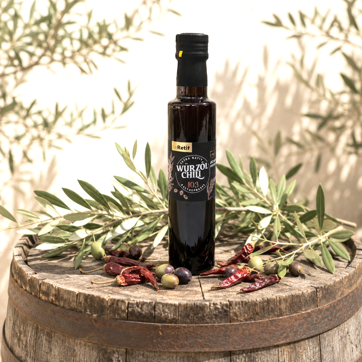 Im Focus: Dunkle Glasflasche 200ml mit Schraubverschluss, gefüllt mit Olivenöl mit Chilli in Mediteraneratmosphäre