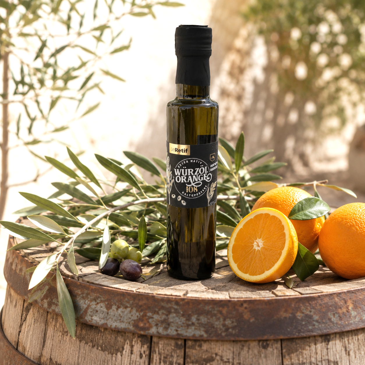 im Focus: Dunkle Glasflasche 200ml mit Schraubverschluss, gefüllt mit Olivenöl Orange in Mediteraneratmosphäre