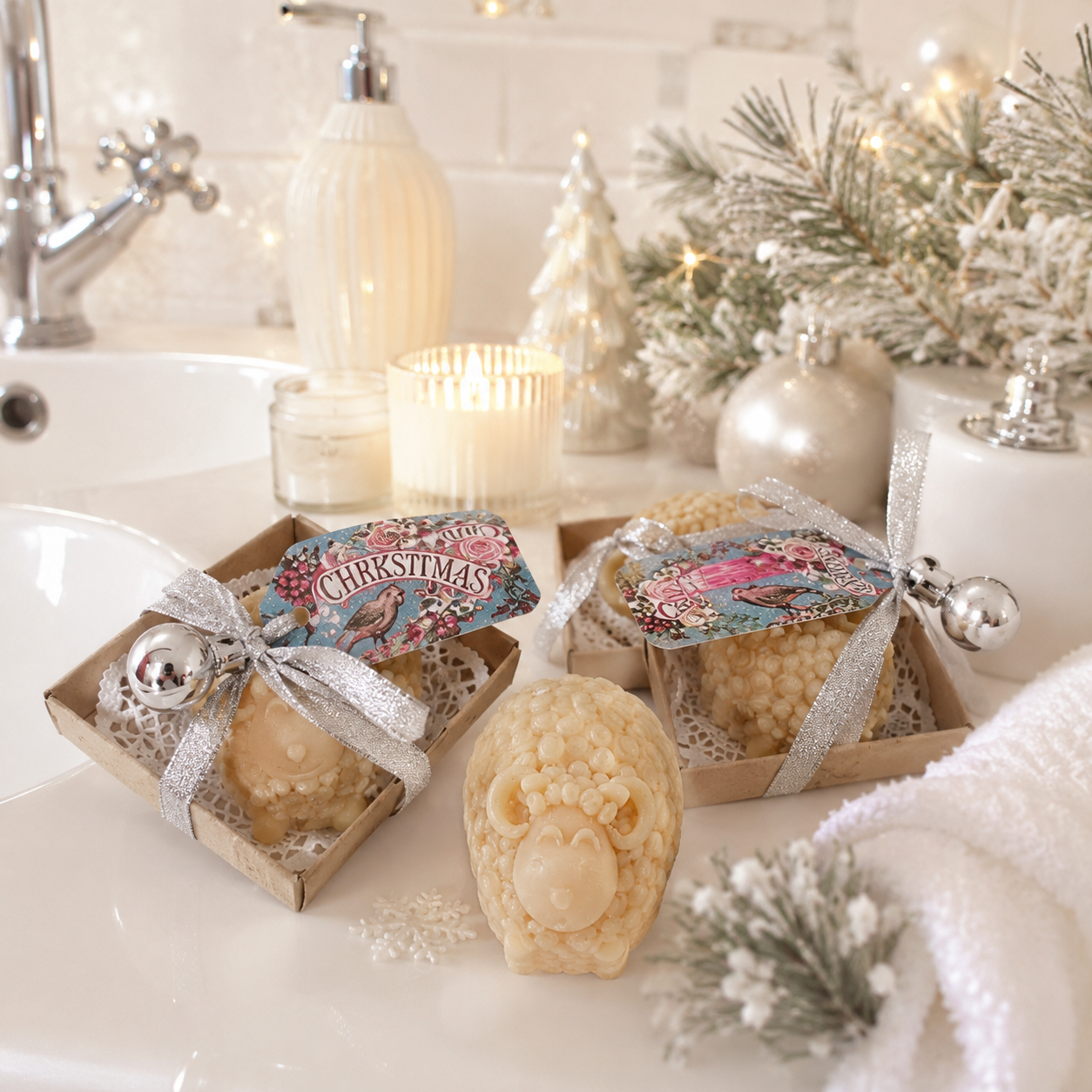 3 Seifenschafe im Geschenkkarton weihnachtlich dekoriert.