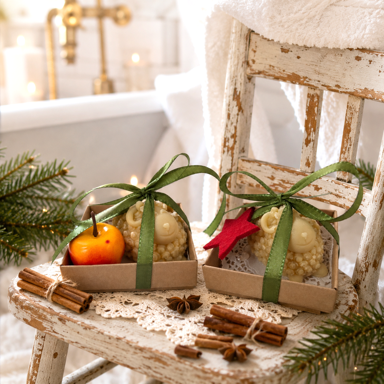 2 dekorierte Seifenschafe weihnachtlich, stehen auf einem Stuhl