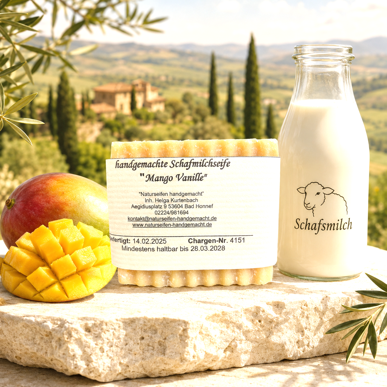 Eine geriffelte, quadratische handgemachte Schafsmilchseife mit dem Duft Mango Vanille
