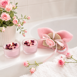 2 handgemachte Glasteelichter gefüllt mit Sojawachs stehend auf der Badewanne mit 1 Stück Stutenmichseife Champagner Rose