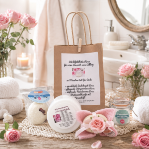 die Wohlfühltüte beinhaltet: 1 Badekugel, 1 Körpercreme, 1 Handcreme und 1 Stutenmilchseife Champagner Rose,. In der Tüte finden sie alles mit Rosenduft