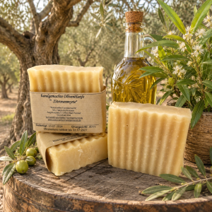 Handgemachte Olivenölseife Zitronemyrte in mediteraner Atmosphäre